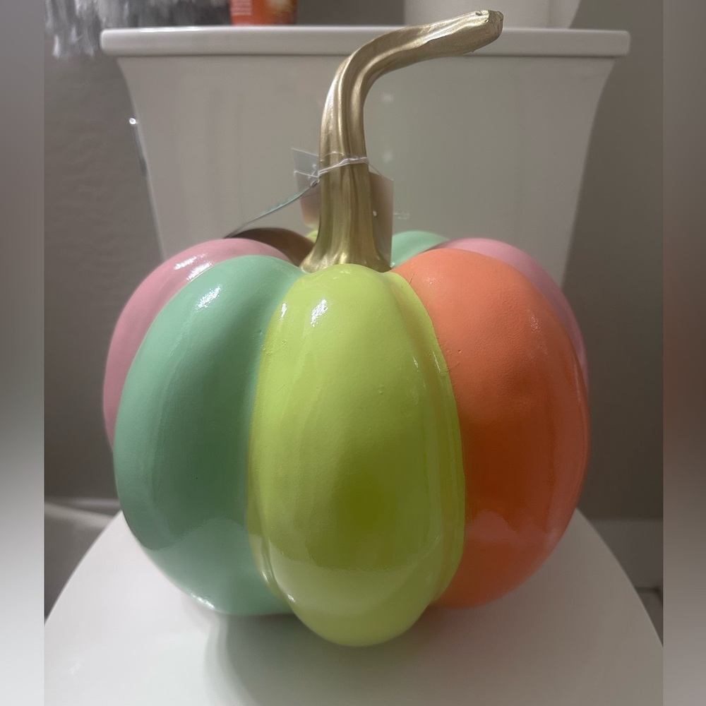 Summerween Colorful Rainbow Ceramic Pumpkin Decor With Gold Stem - Picture 3 of 5